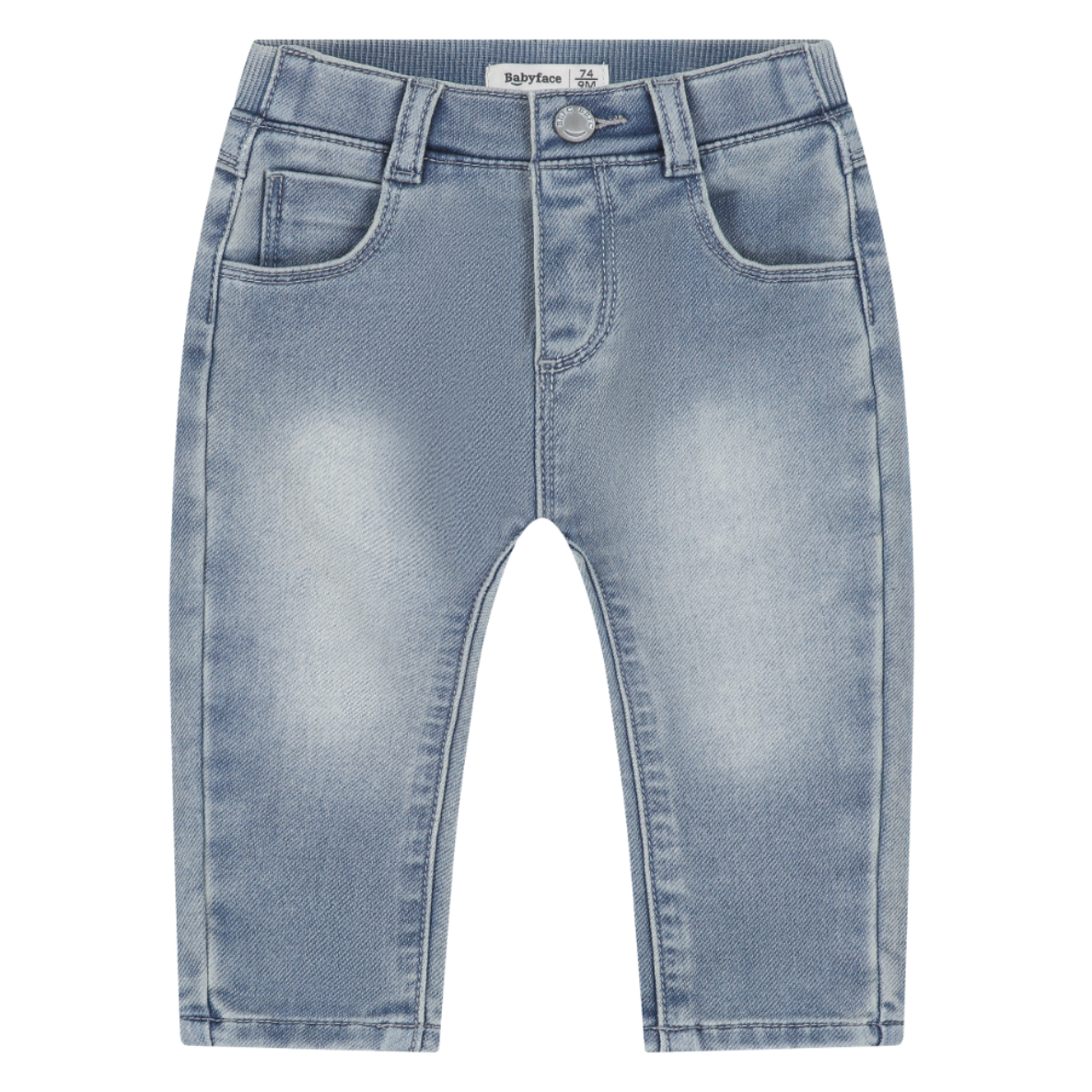 Light blue denim capri jeans for kids, featuring a faded wash and classic five-pocket design, shown flat on a white background.