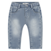 Light blue denim capri jeans for kids, featuring a faded wash and classic five-pocket design, shown flat on a white background.