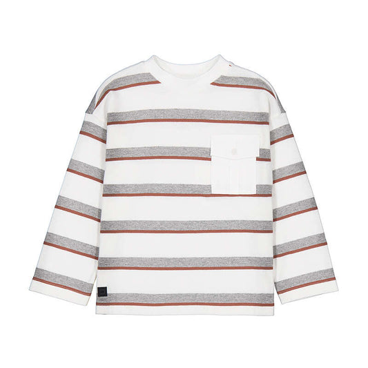 A long-sleeve crewneck shirt with horizontal stripes in gray, rust brown, and white, featuring a white chest pocket.