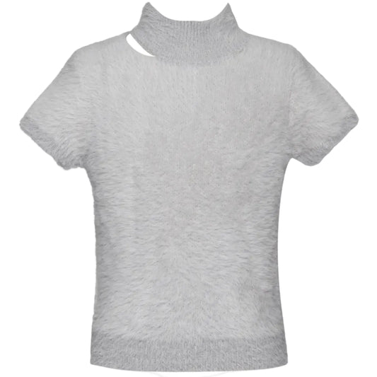 Gray short-sleeve knit top on a white background