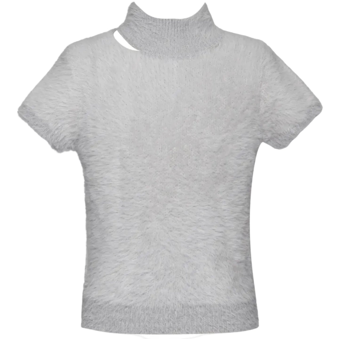 Gray short-sleeve knit top on a white background