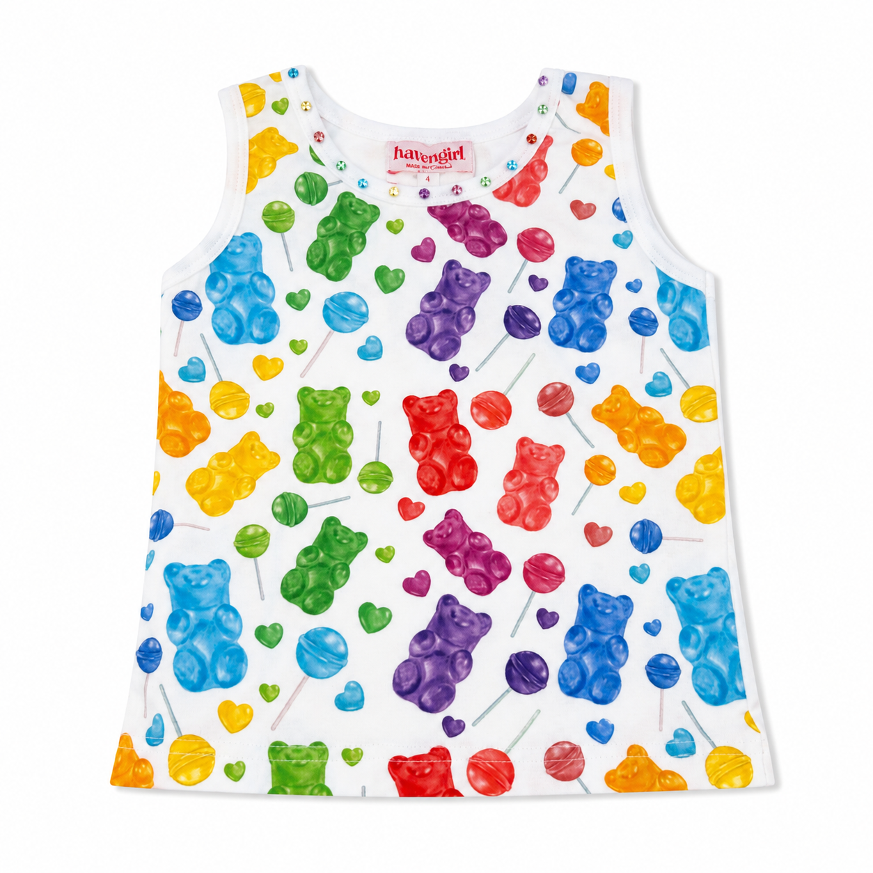 Colorful tank top with gummy bear and lollipop pattern on a white background