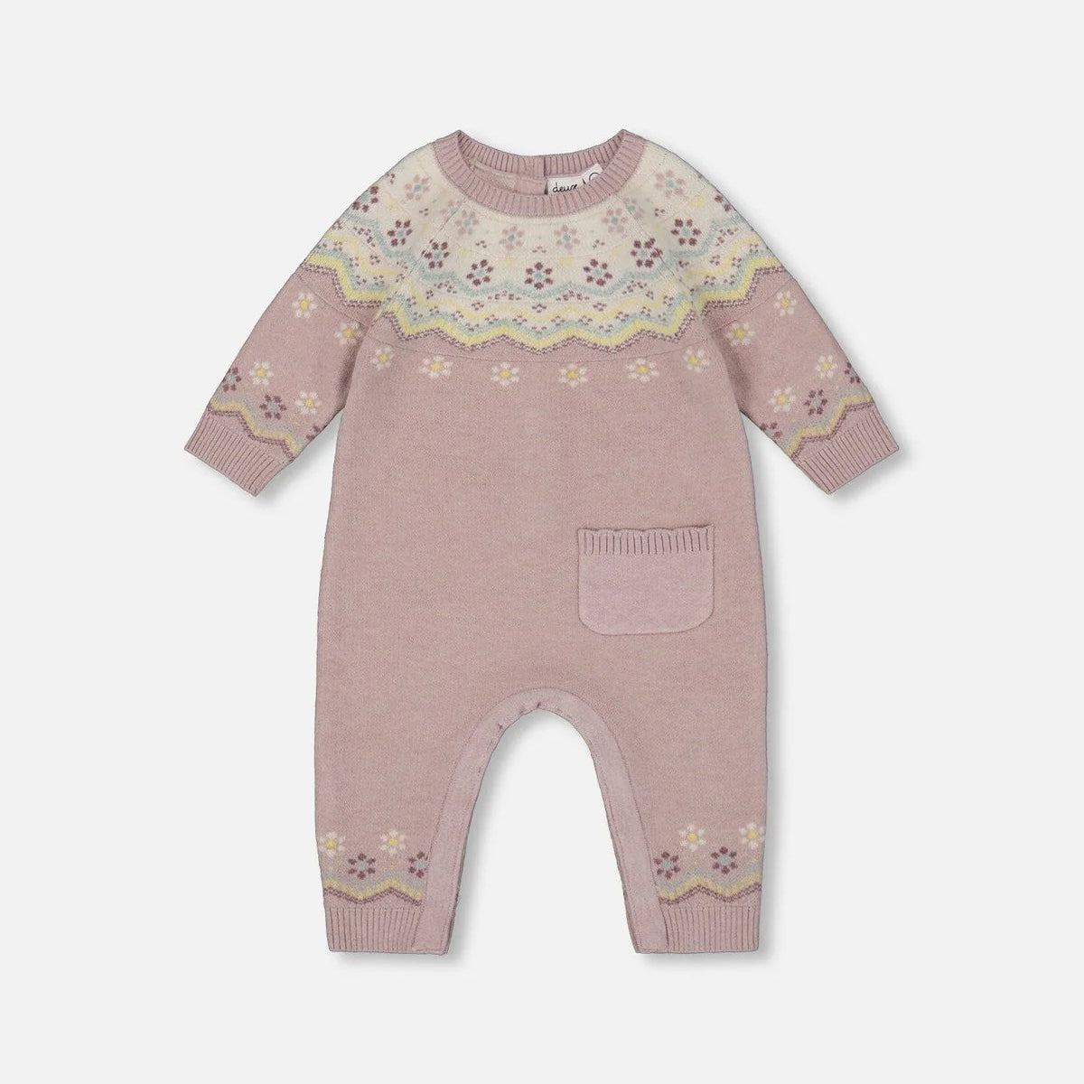 Pink baby romper with floral pattern on a light gray background
