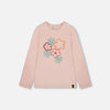 Pink long-sleeve shirt with colorful floral design on a light gray background