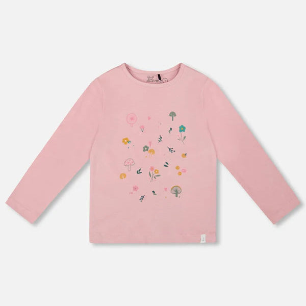 Pink long-sleeve shirt with floral designs on a light gray background