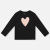 Black long-sleeve shirt with a pink heart design on a light gray background
