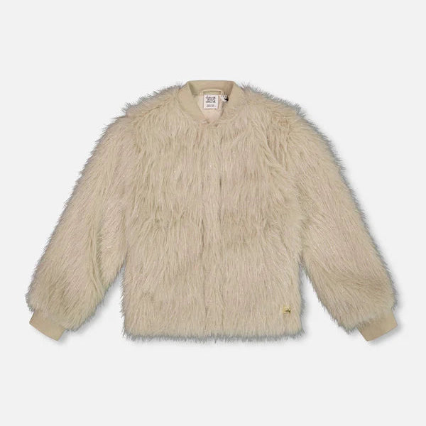 Beige fluffy jacket on a light gray background