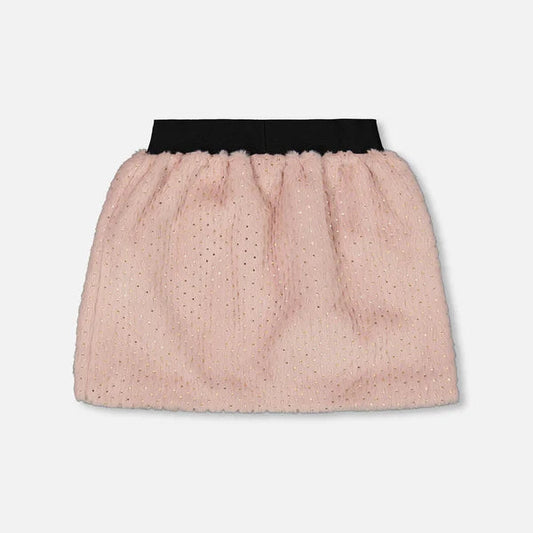 Pink skirt with black waistband on a light gray background