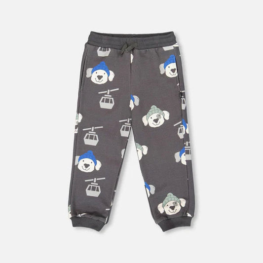 Children's gray sweatpants with bear and ski resort icons on a white background