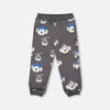 Children's gray sweatpants with bear and ski resort icons on a white background