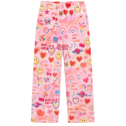 Pink pajama pants with colorful patterns 
