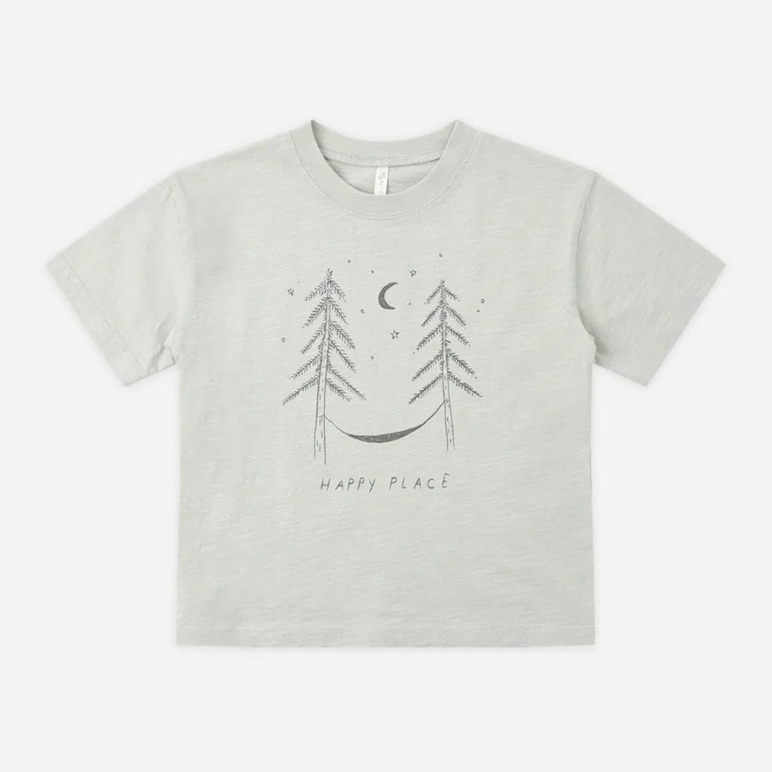 A light gray heather short-sleeve t-shirt with a dark gray graphic of two pine trees, a crescent moon, stars, and the text 'HAPPY PLACE' on the front, displayed flat against a light gray background.