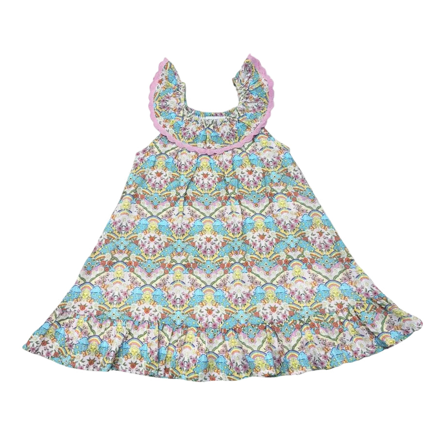 Colorful floral dress with a white background