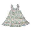Colorful floral dress with a white background