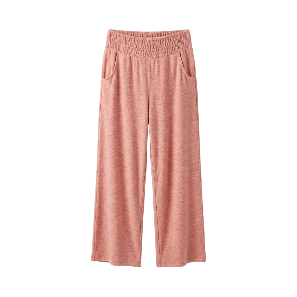 A pair of women's wide-leg cropped pants in a heathered dusty rose pink color, featuring an elastic waistband and side pockets, shown against a plain white background.
