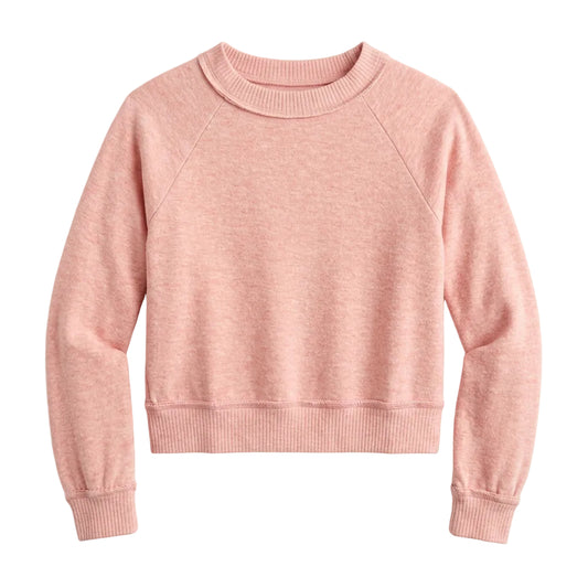 A dusty rose pink knit sweater with a crew neck and ribbed cuffs, laid flat on a white hanger against a light gray background.
