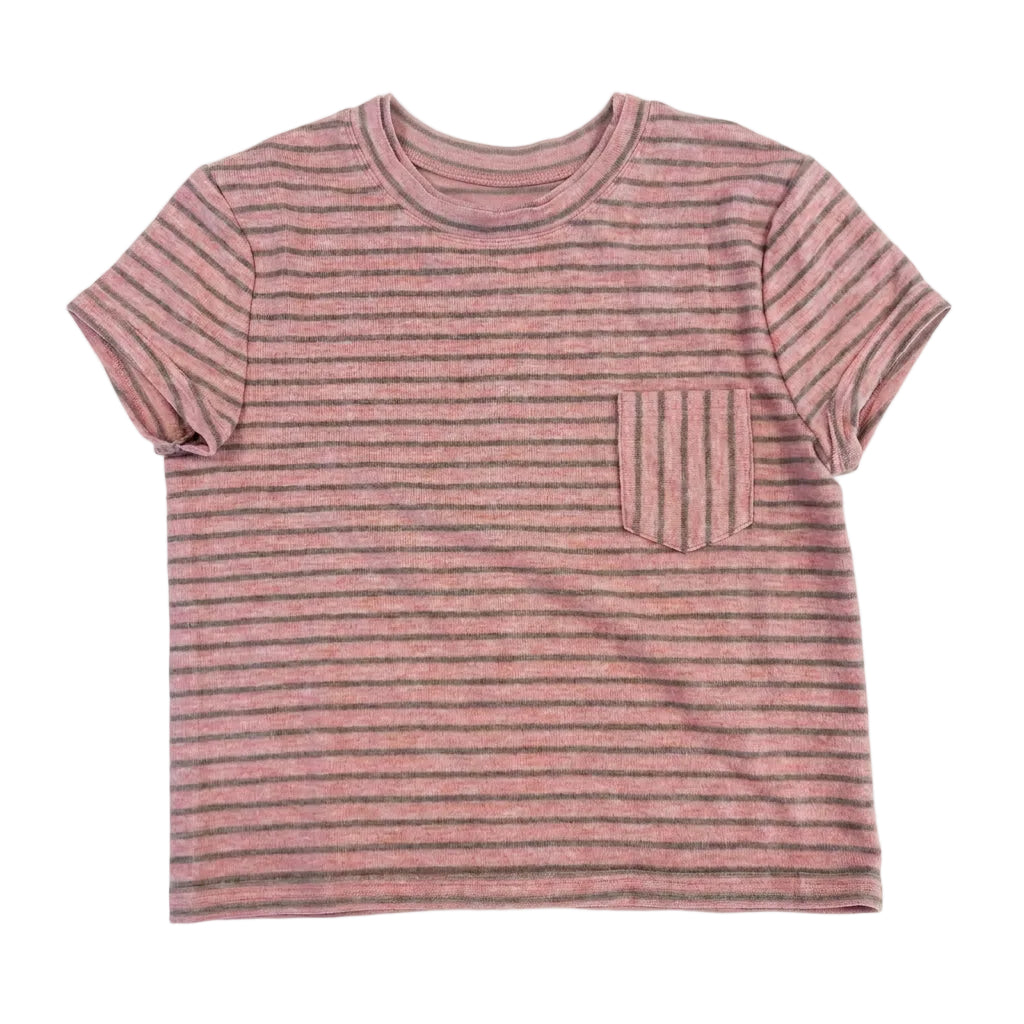 A short-sleeve crewneck t-shirt with horizontal stripes in dusty rose and dark brown, featuring a vertical striped chest pocket on the left side, laid flat against a white background.