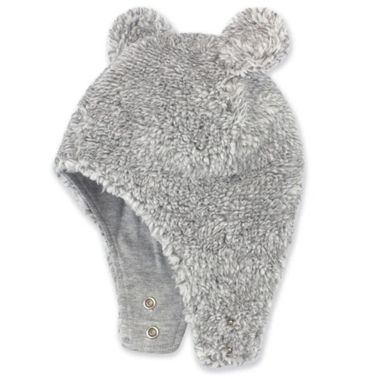 Zutano Heather Gray Furry Bear Hat with Snap Closures