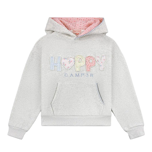 Gray hoodie with colorful 'Happy Camper' text on a white background