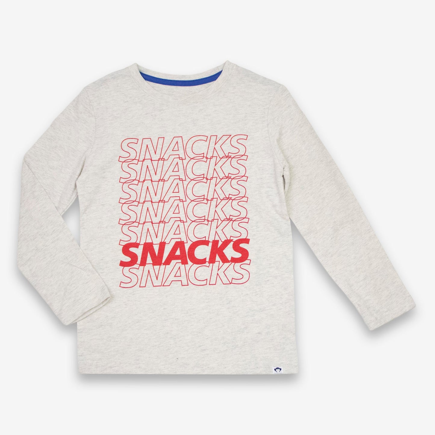 White long-sleeve shirt with 'SNACKS' text printed in red on a white background