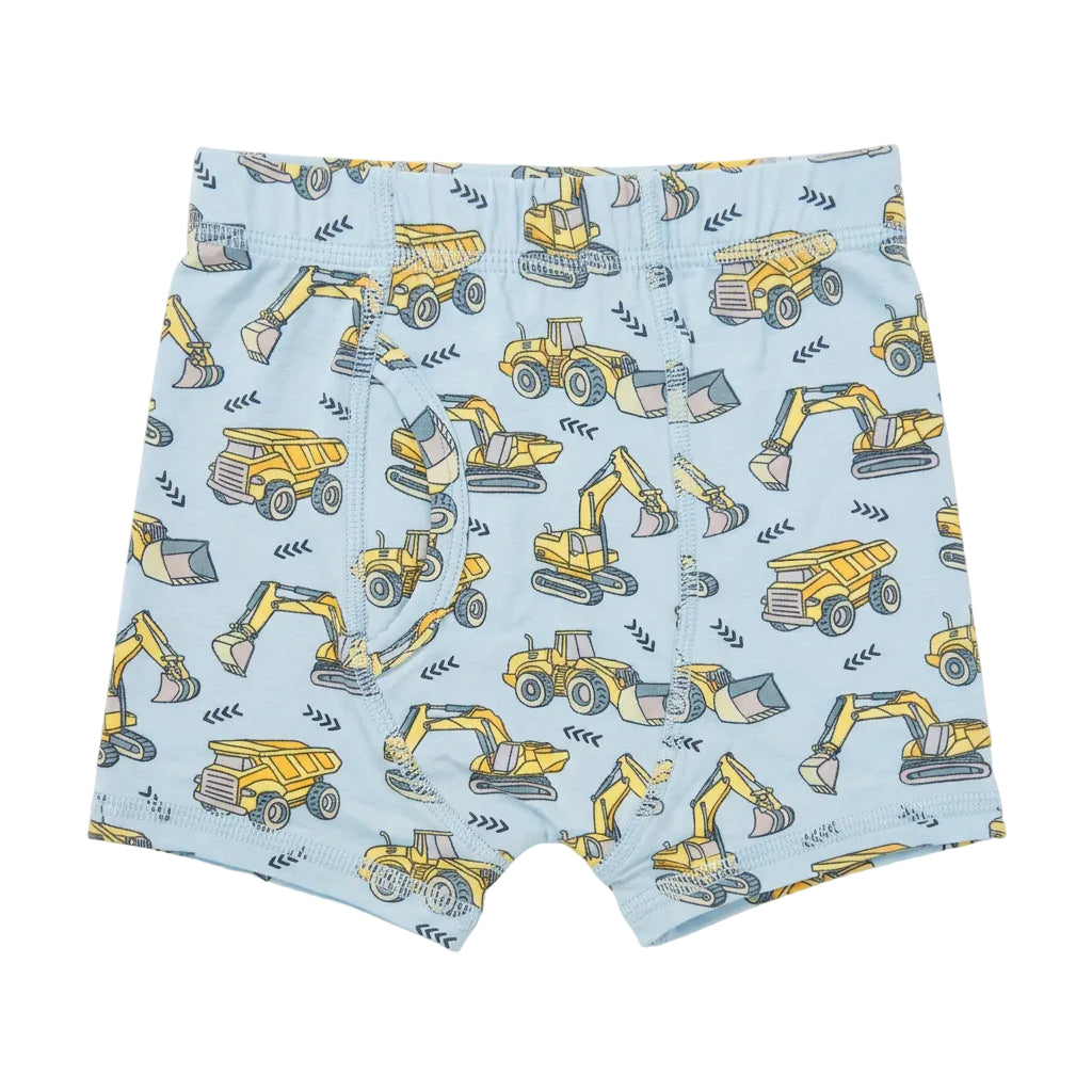 Light blue boy's boxer briefs featuring an all-over print of yellow construction vehicles including excavators, dump trucks, and bulldozers