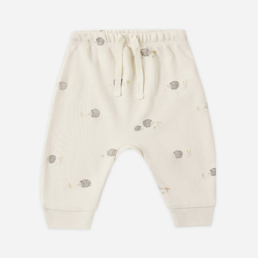 Hedgehog Pant flat lay - Quincy Mae organic cotton drawstring pant, hedgehog print