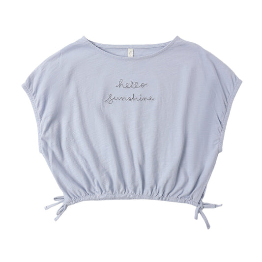 Light blue crop top with 'hello sunshine' text 