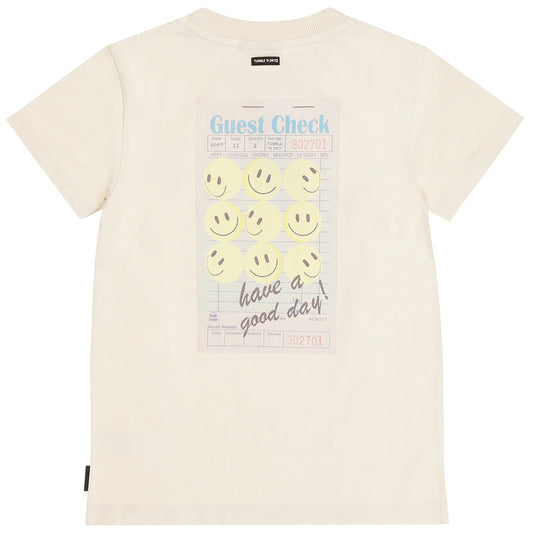 Beige t-shirt with smiley face design and text that says Have a Good Day