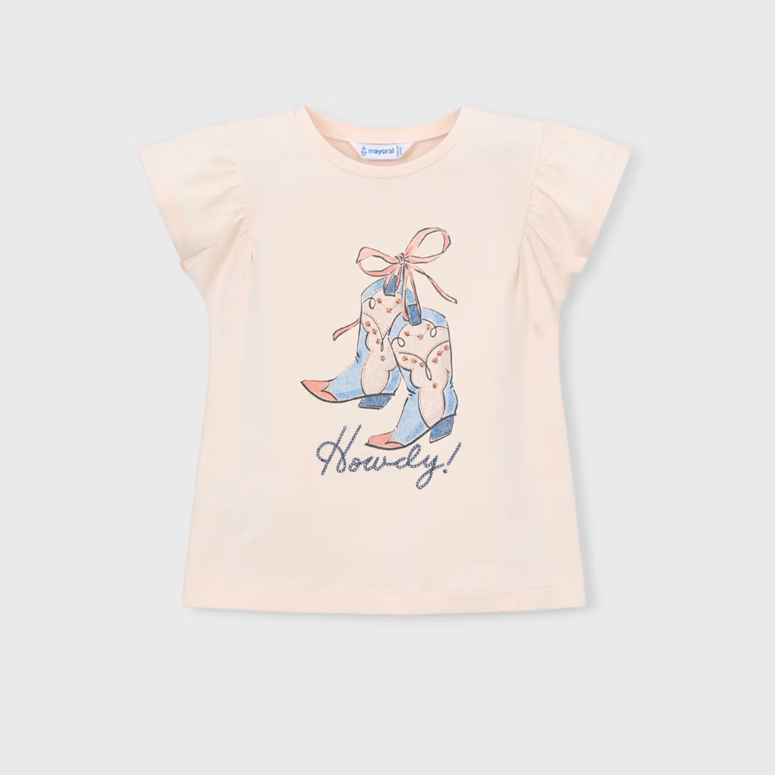 Peachy t-shirt with cowboy boot graphic and 'Howdy!' text 
