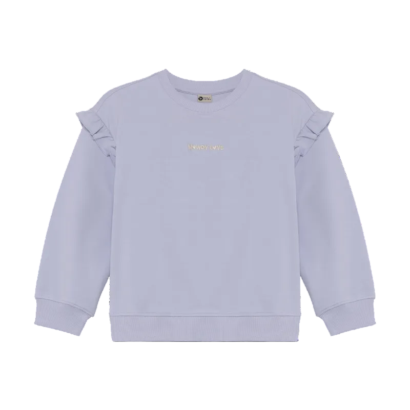Light purple sweatshirt with ruffled shoulders and 'howdy love' embroidered on the chest.