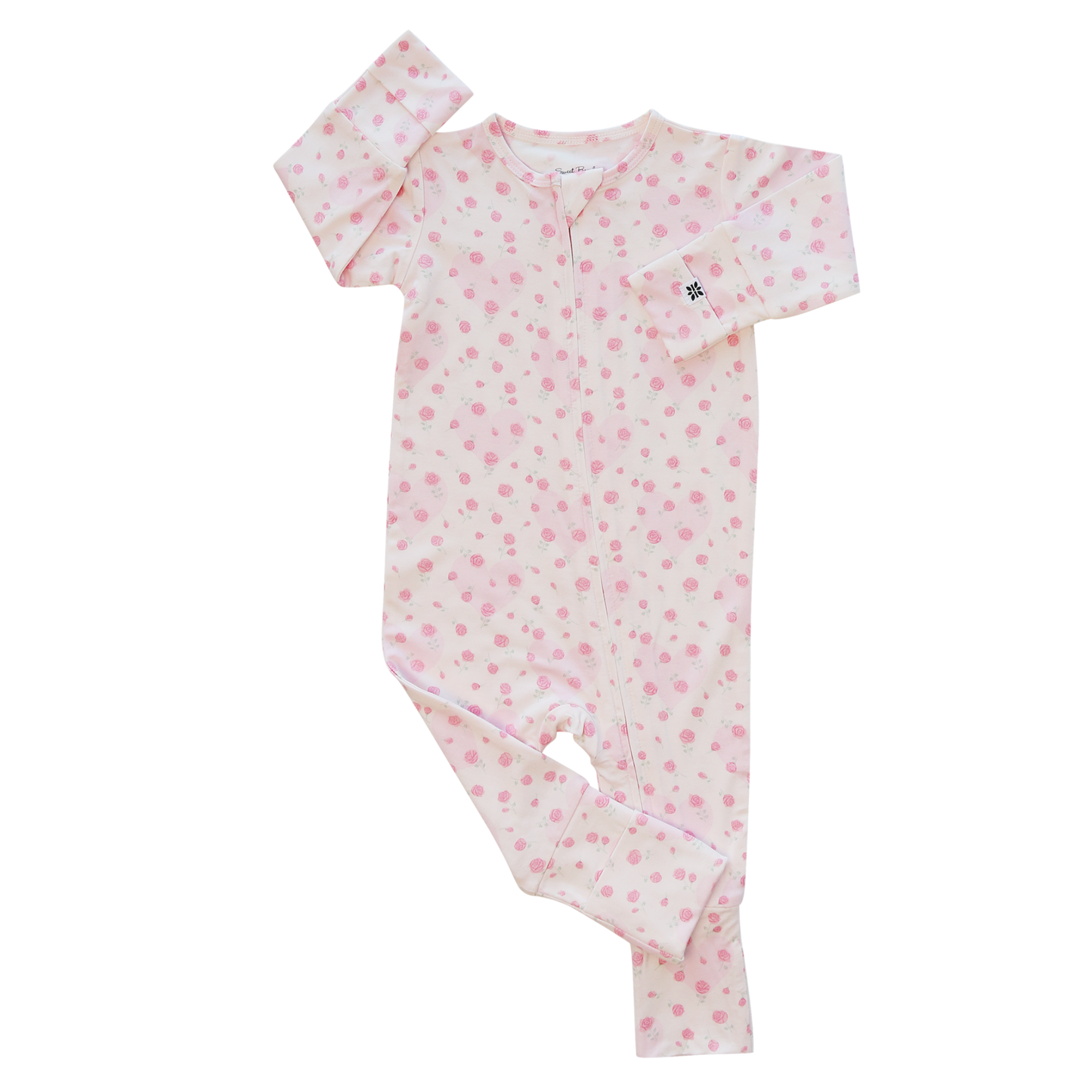 Pink baby onesie with a subtle pattern on a white background