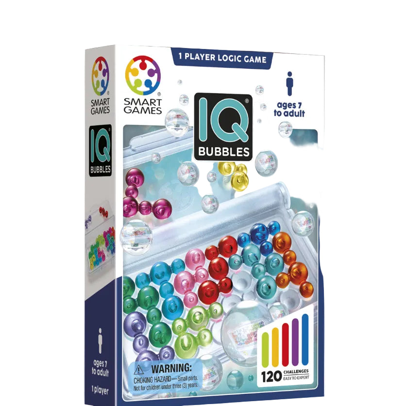 IQ Bubbles game packaging by Smart Games with colorful bubbles and player count indicator.