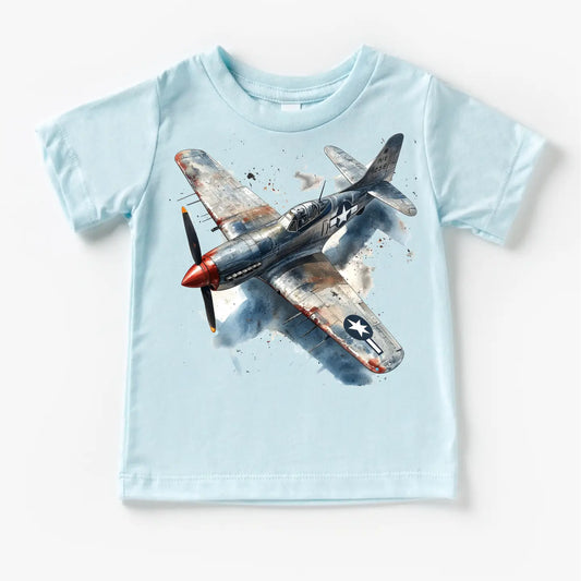 Light blue t-shirt with a graphic of an airplane on a white background