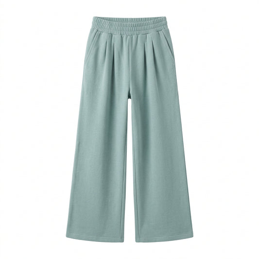 Blue green wide leg pants with elastic waist on a white background