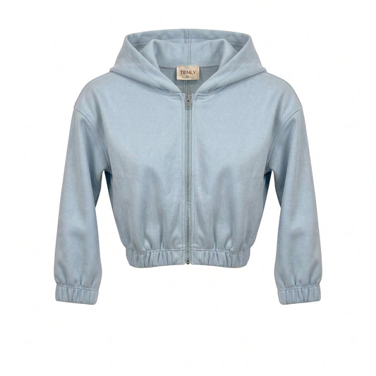 A light blue cropped zip-up hoodie with a drawstring hood and elastic cuffs, shown against a plain white background.