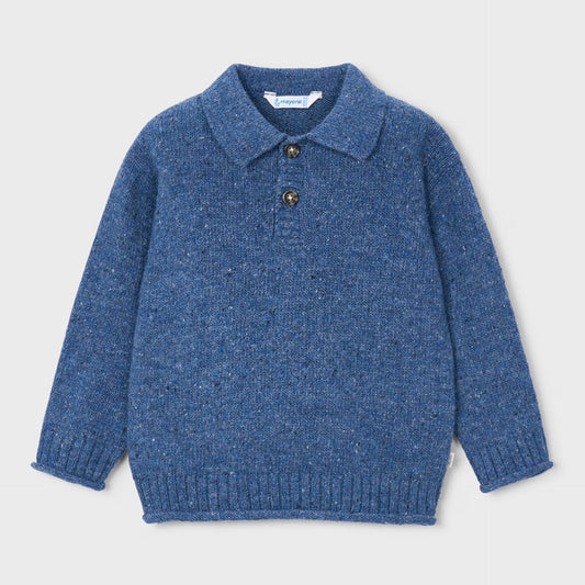A blue knit polo sweater for toddlers, featuring a short collar with two brown buttons, long sleeves, and a ribbed hem and cuffs