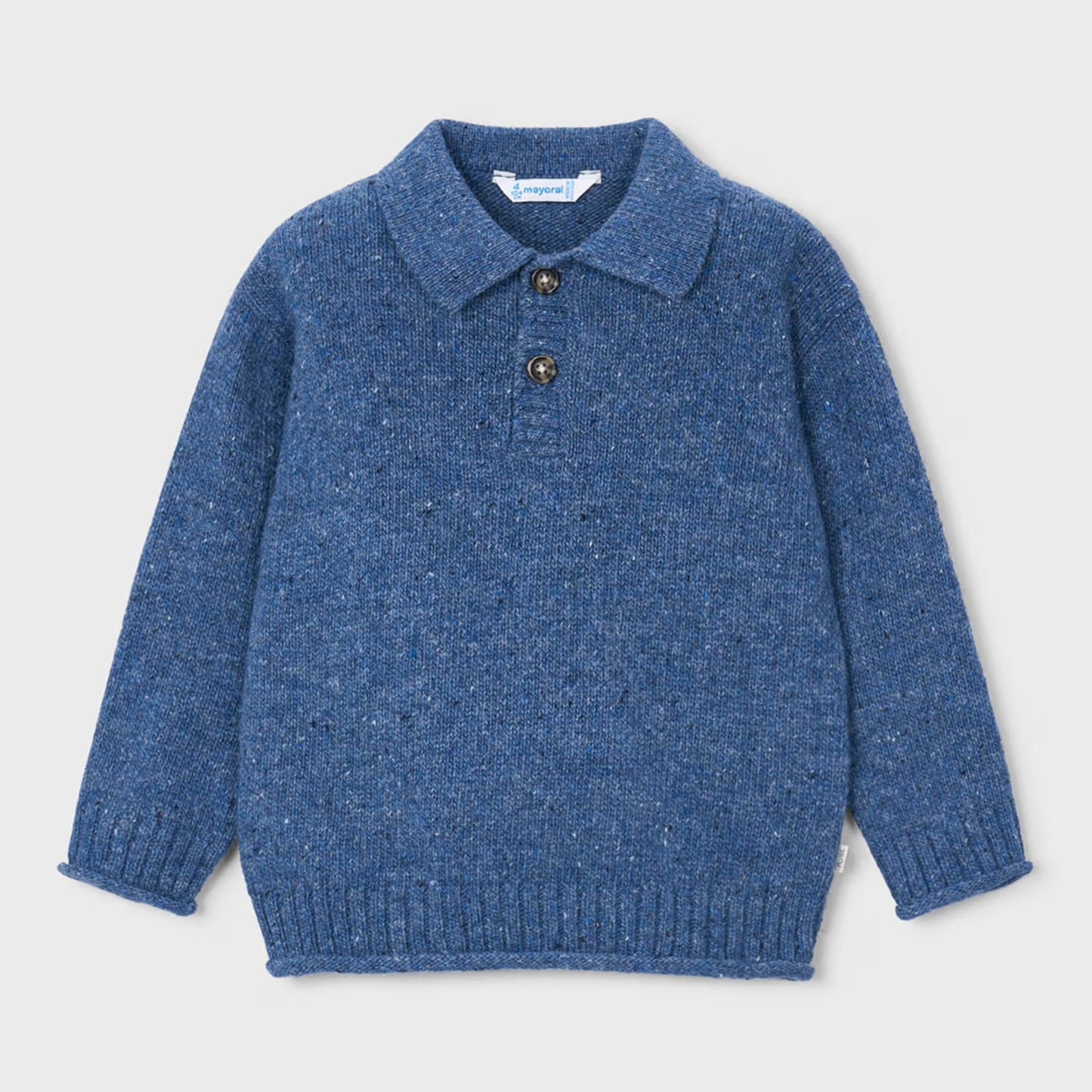 A blue knit polo sweater for toddlers, featuring a short collar with two brown buttons, long sleeves, and a ribbed hem and cuffs