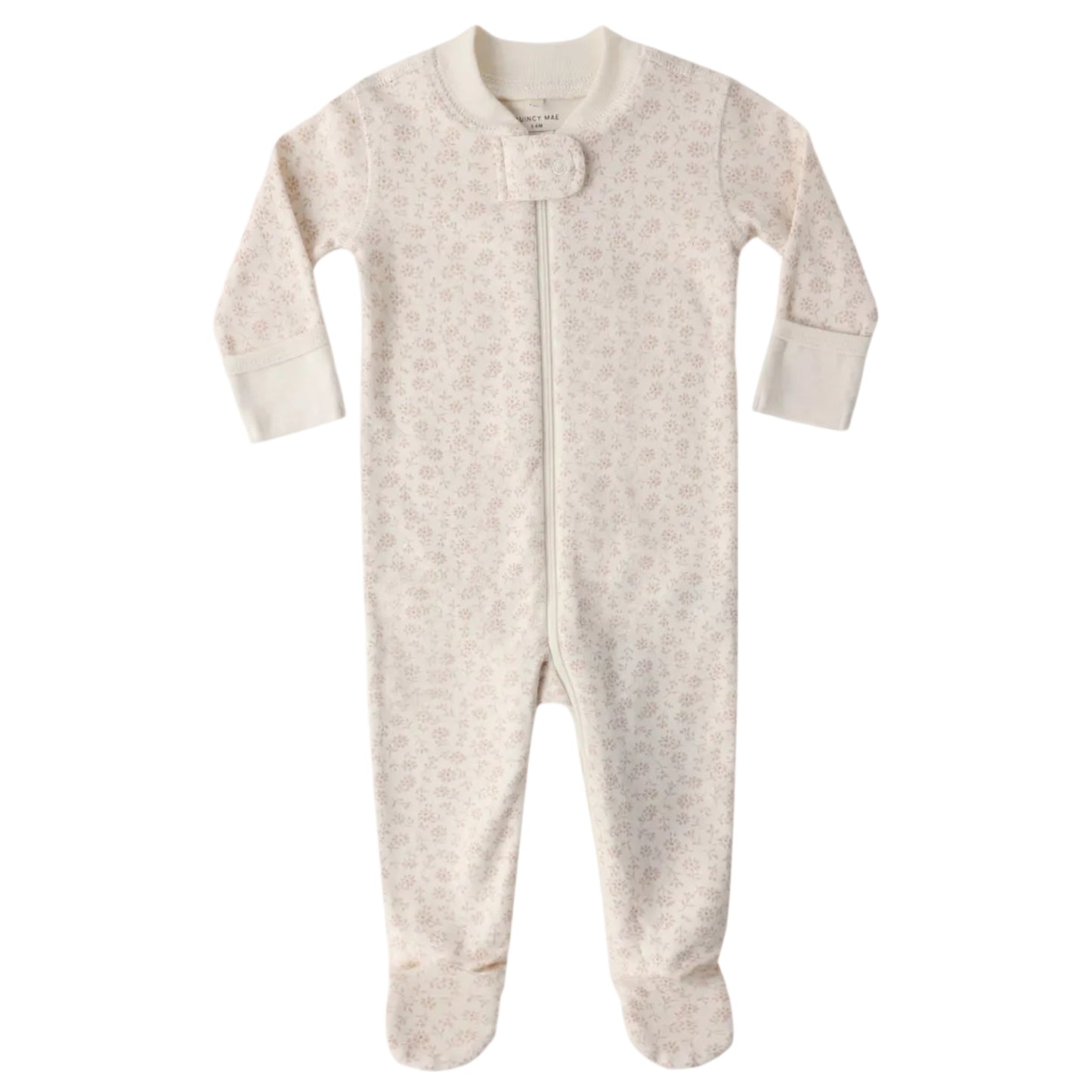Baby footie with a subtle pink floral pattern