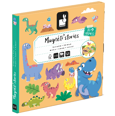 A box of Magneti' Stories - Dinosaurs toy magnets, featuring colorful illustrations of various dinosaurs on a yellow background.