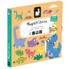 A box of Magneti' Stories - Dinosaurs toy magnets, featuring colorful illustrations of various dinosaurs on a yellow background.