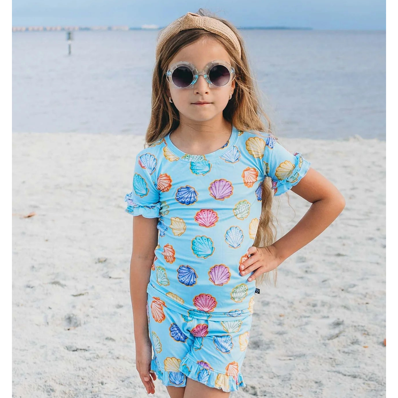 light blue seashell print short sleeve lounge set