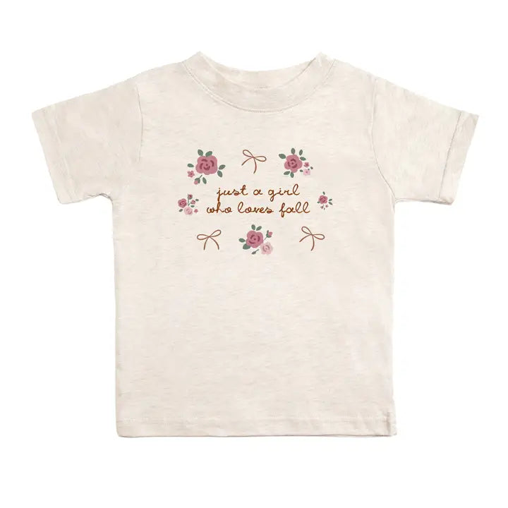 cream girls tee with the text: Just a girl who loves fall with floral decor around the text