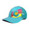 Turquoise cap with colorful Colorado logo on a white background