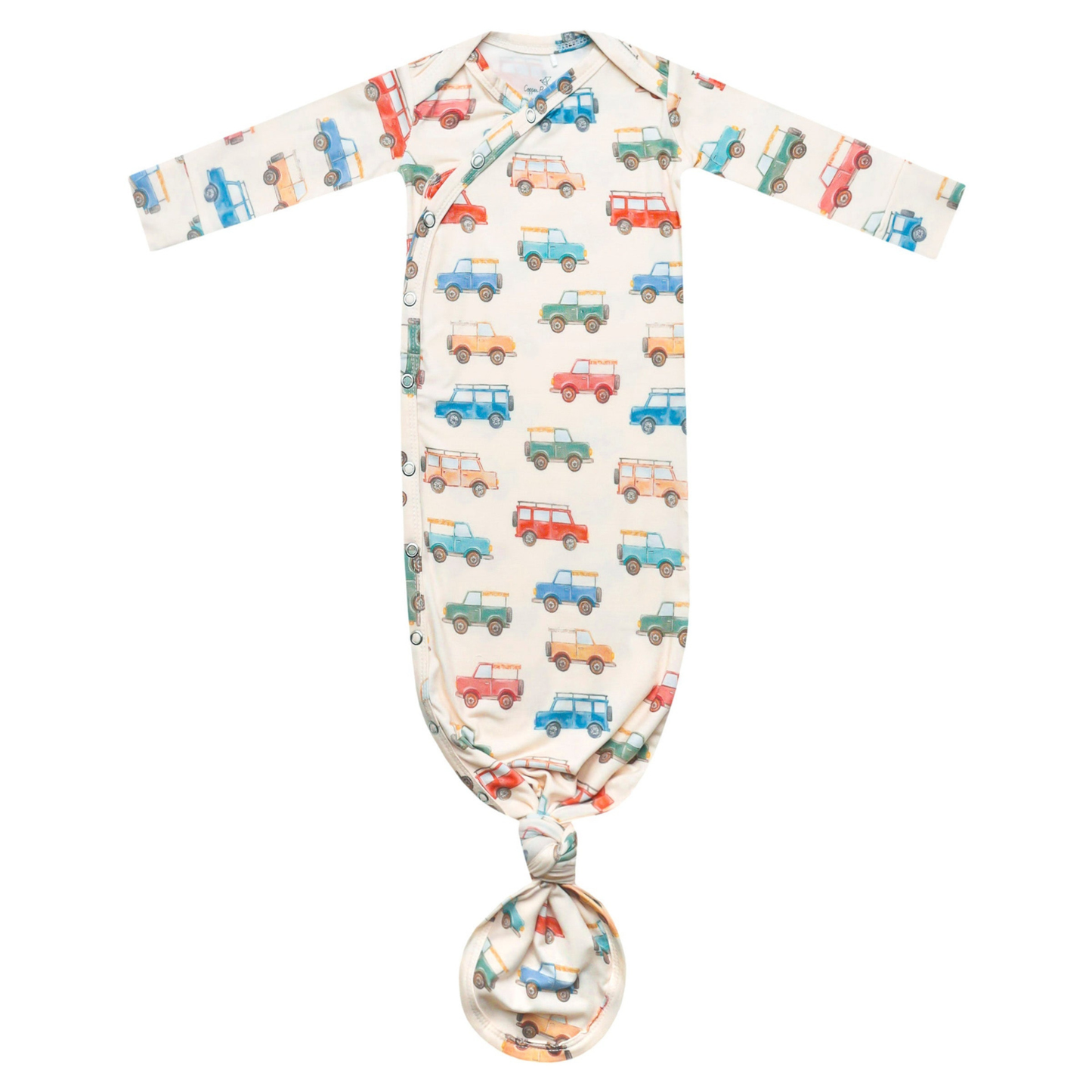 Colorful vehicle print baby gown with knotted bottom