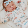 Colorful vehicle print baby gown with knotted bottom