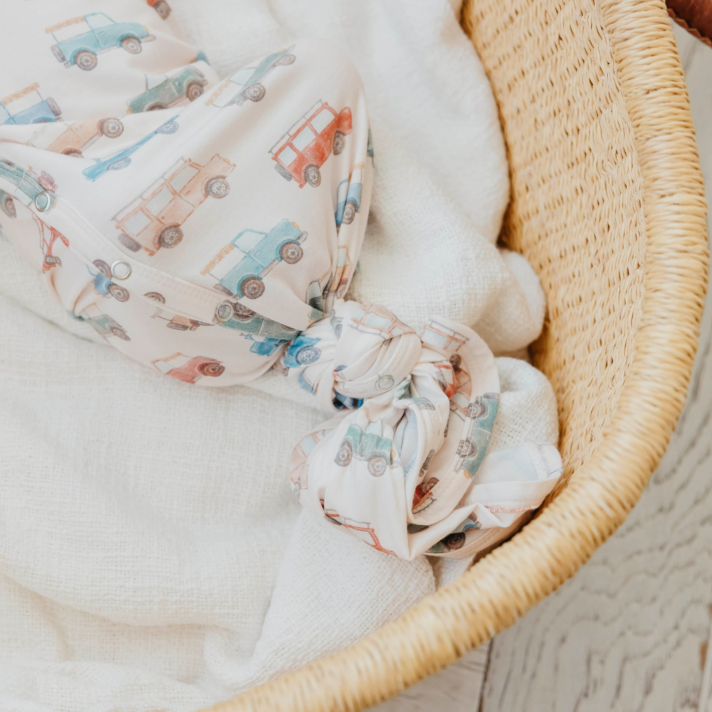 Colorful vehicle print baby gown with knotted bottom
