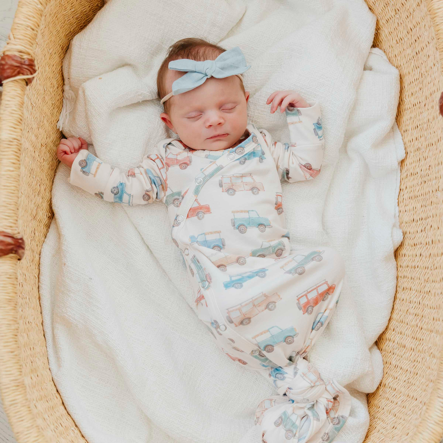 Colorful vehicle print baby gown with knotted bottom