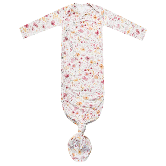 Floral print baby gown with knotted bottom