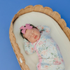 Floral baby knotted gown with pink trim and snaps