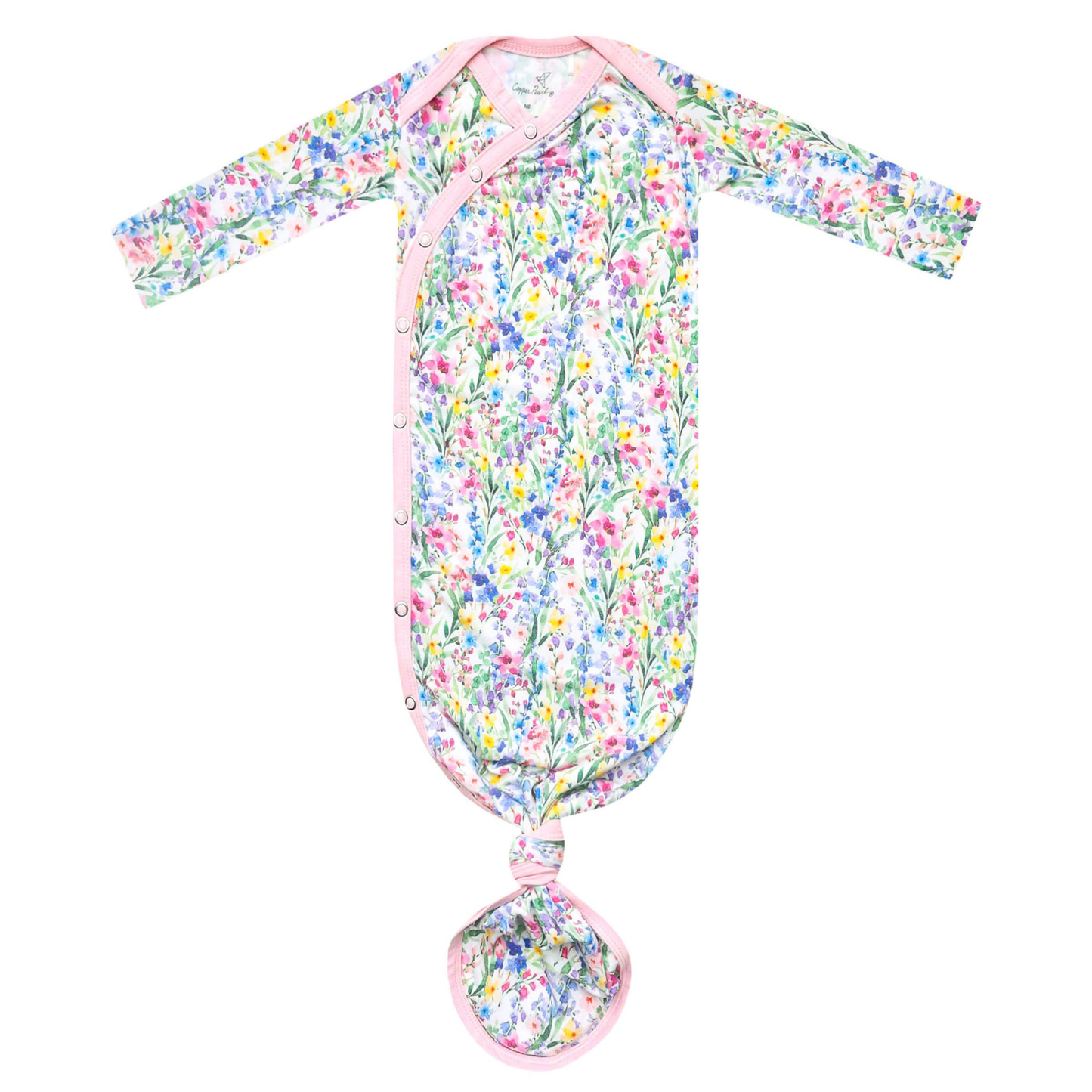 Floral baby knotted gown with pink trim and snaps